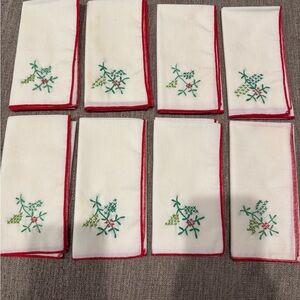 Eight (8) Holiday Embroidered Cloth Permanent Press Napkins with Red Trim